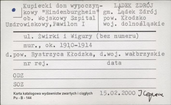 kupiecki dom wypoczynkowy Hindenburgheim, ob. Wojskowy Szpital Uzdrowiskowy, pawilon I, skan 1