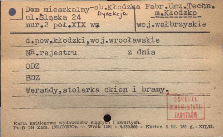 dom mieszkalny, ob. Kłodzka Fabr. Urz. Techn. - Dyrekcja, skan 1