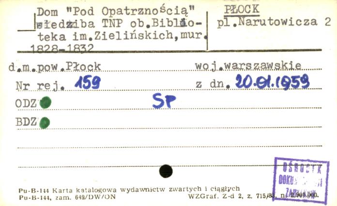 dom pod Opatrznością, siedziba TNP, ob. bibliotek im. Zielińskich, skan 1