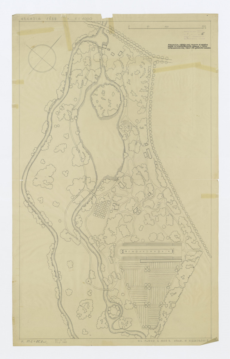 Arkadia - plan sytuacyjny przeskalowany według planu z 1839 roku arch. w Nieborowie, 1:1000., skan 1