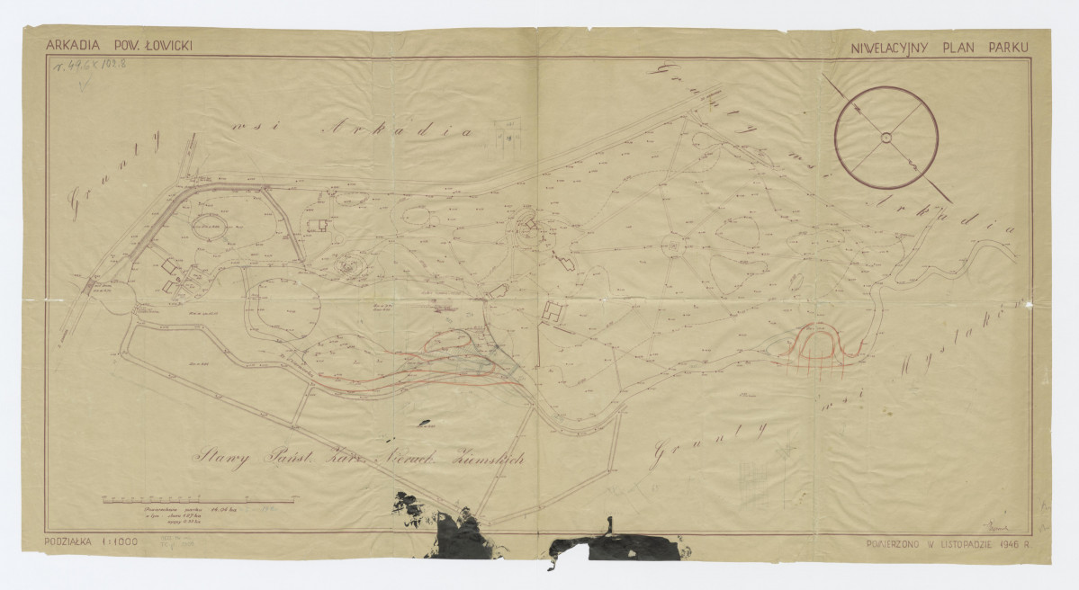 Niwelacyjny plan parku, plan wysokościowy - warstwicowy parku - pomiar z 1946 roku, 1:1000, skan 1