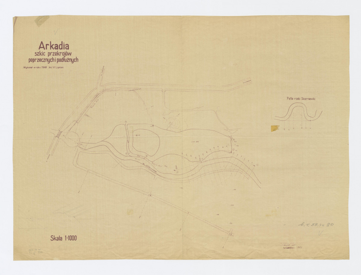 szkic przekrojów  poprzecznych i podłużnych rz. Skierniewki i terenu amfiteatru, skan 1