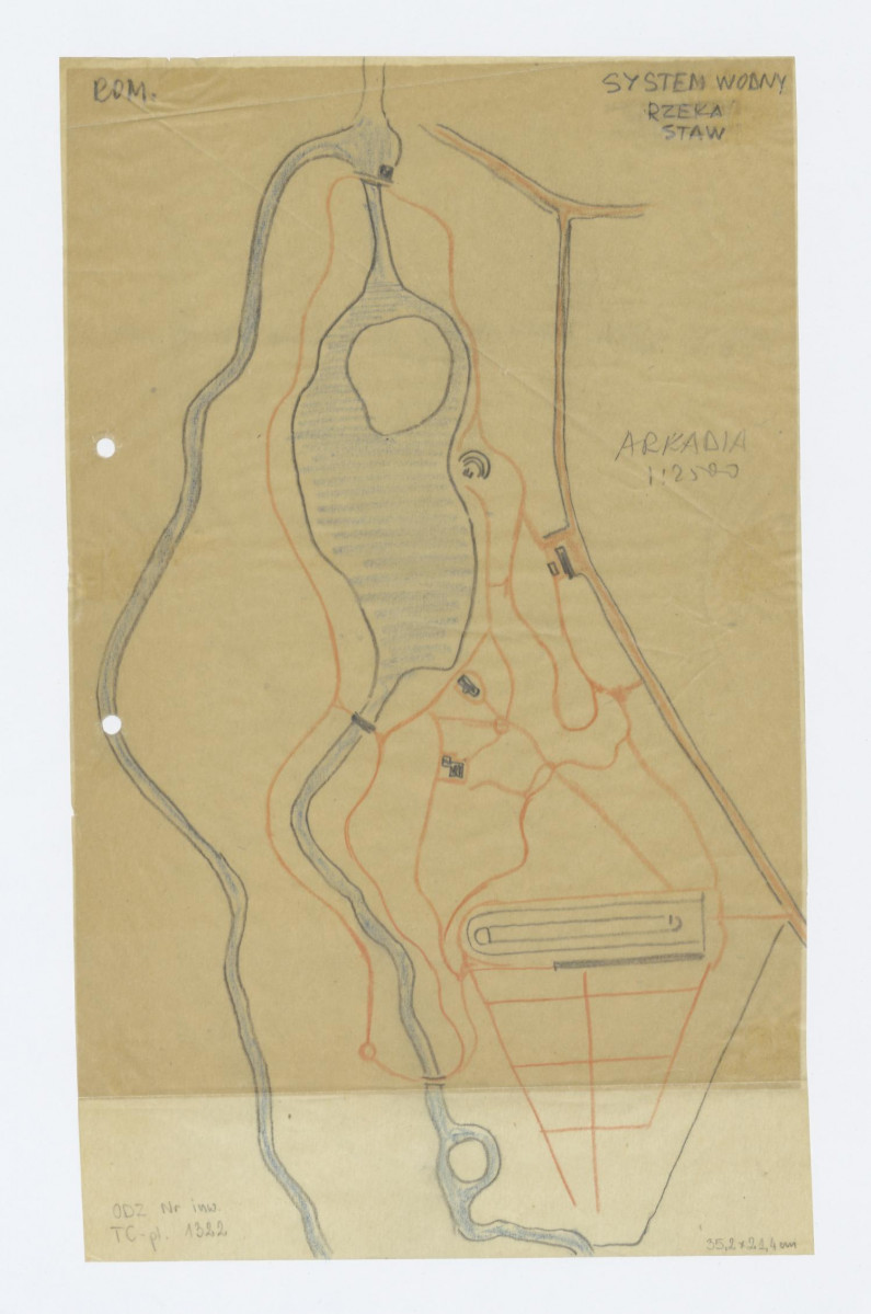 plan sytuacyjny z zaznaczonym systemem wodnym. Napisy: ROM, SYSTEM WODNY, RZEKA, STAW, ARKADIA 1:2500, skan 1