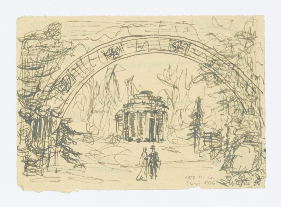 Napisy na odwrocie: /Kusiński Józef/; Guide du Voyageur en Pologne; Varsovie 1820; vue du Temple en Arcadie; widok świątyni w Arkadii; F. Dietrich sc.; Biblioteka. IUA II 2138 "V"; b. dobre., skan 1