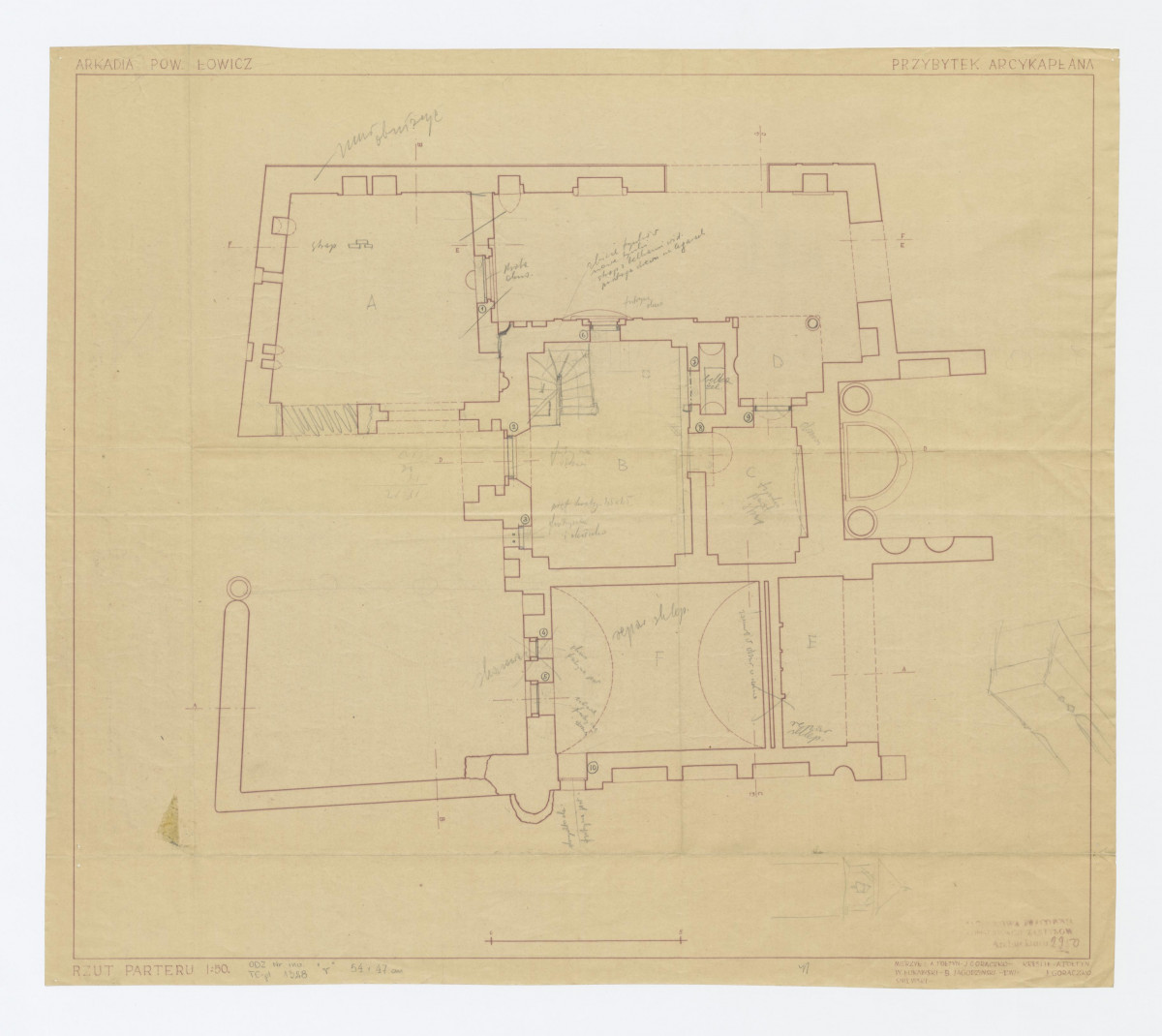 Przybytek Arcykapłana - rzut parteru, inwentaryzacja z naniesionymi ołówkiem projektami zmianami notatkami dotyczącymi tychże 1:50, skan 1