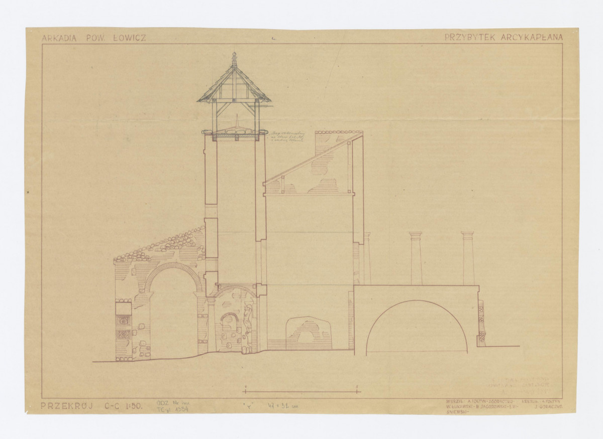Przybytek Arcykapłana - przekrój (C-C), inwentaryzacja z naniesionymi ołówkiem projektami zmian i uwagami o zmianach 1:50, skan 1