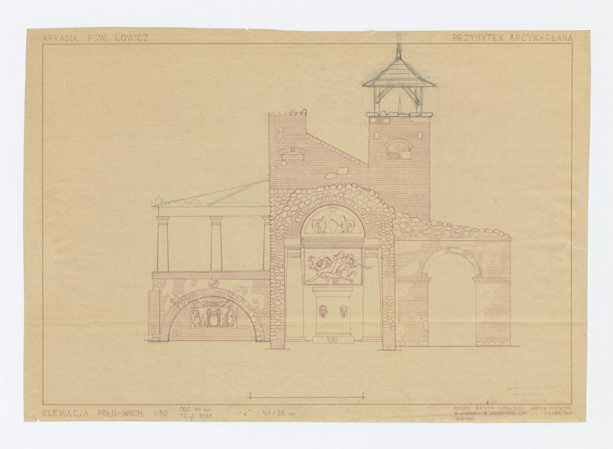 Przybytek Arcykapłana - elewacja północno-wschodnia, inwentaryzacja  naniesione  ołówkiem projekty zmian i uwagi o zmianach 1:50, skan 1