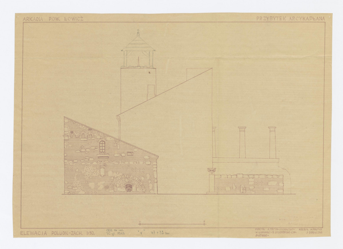 Przybytek Arcykapłana - elewacja południowo-zachodnia, inwentaryzacja  naniesione  ołówkiem projekty zmian i uwagi o zmianach 1:50, skan 1