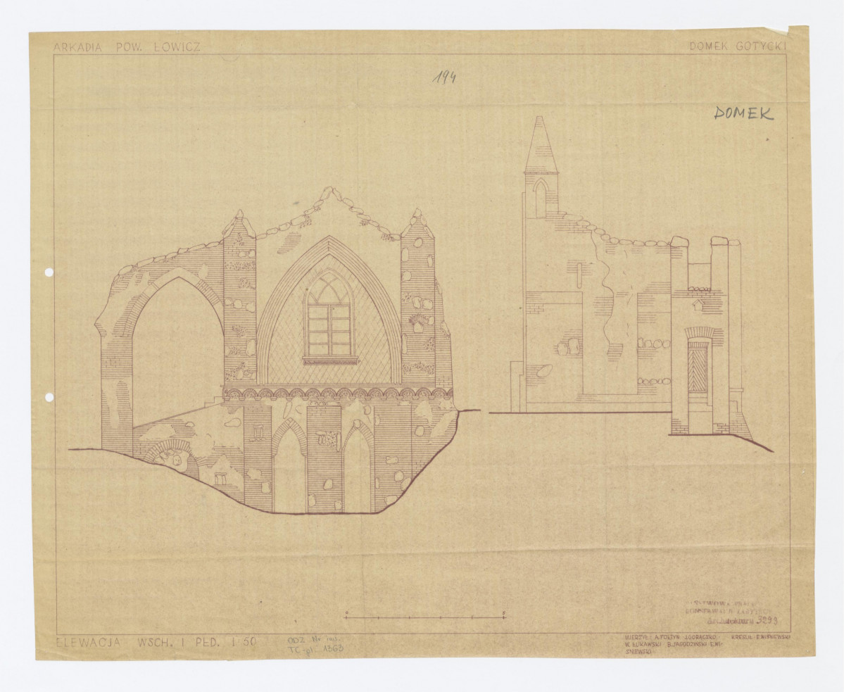 Domek gotycki, elewacja wschodnia i południowa. ARKADIA POW, ŁOWICZ ,DOMEK GOTYCKI; ELEWACJA wschodni I południowo 1:50., skan 1