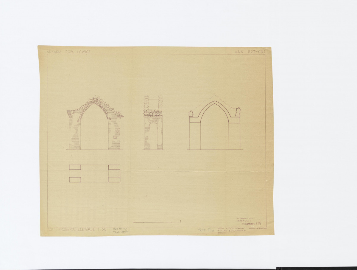 Łuk gotycki, rzut, przekrój, elewacje, 1:50, skan 1