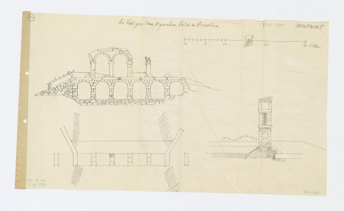 Rzut i przekrój - szkice. Napisy les Vestiges dun Aqueduc.. Batinier Arcadis. AKWEDUKT. Plansza numerowana: 2, 1:100, skan 1