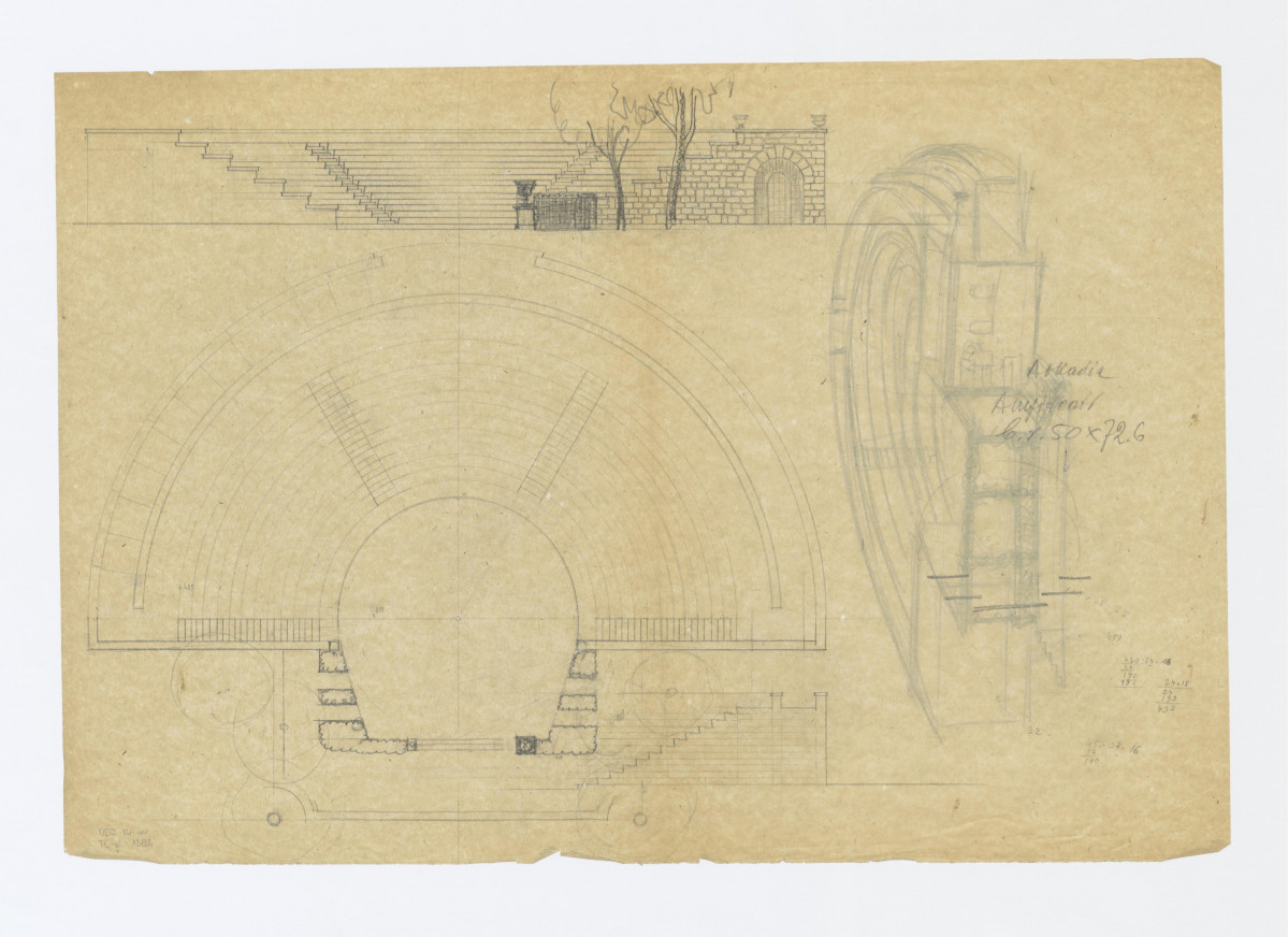 Arkadia, projekt roboczy amfiteatru. Rzut i widok. Na odwrocie rysunek perspektywiczny amfiteatru, 1:100, skan 1