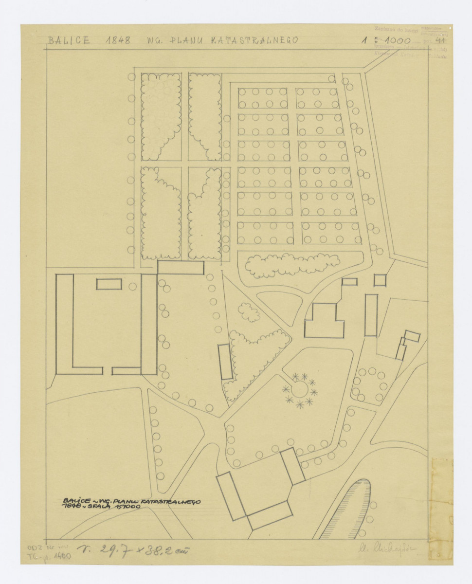 plan sytuacyjny, przeskalowany - według katastru z 1848 roku 1:1000, skan 1