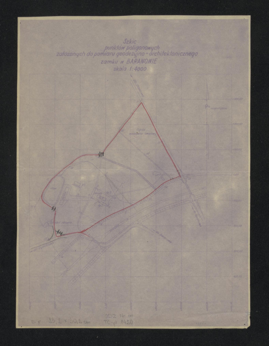 plan otoczenia zamku: szkic punktów poligonowych do pomiaru geodezyjno - architektonicznego 1:4000, skan 1