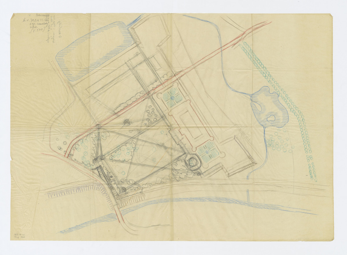 plan sytuacyjny. Napisy: ogród zamkowy; szkic 1:500, skan 1