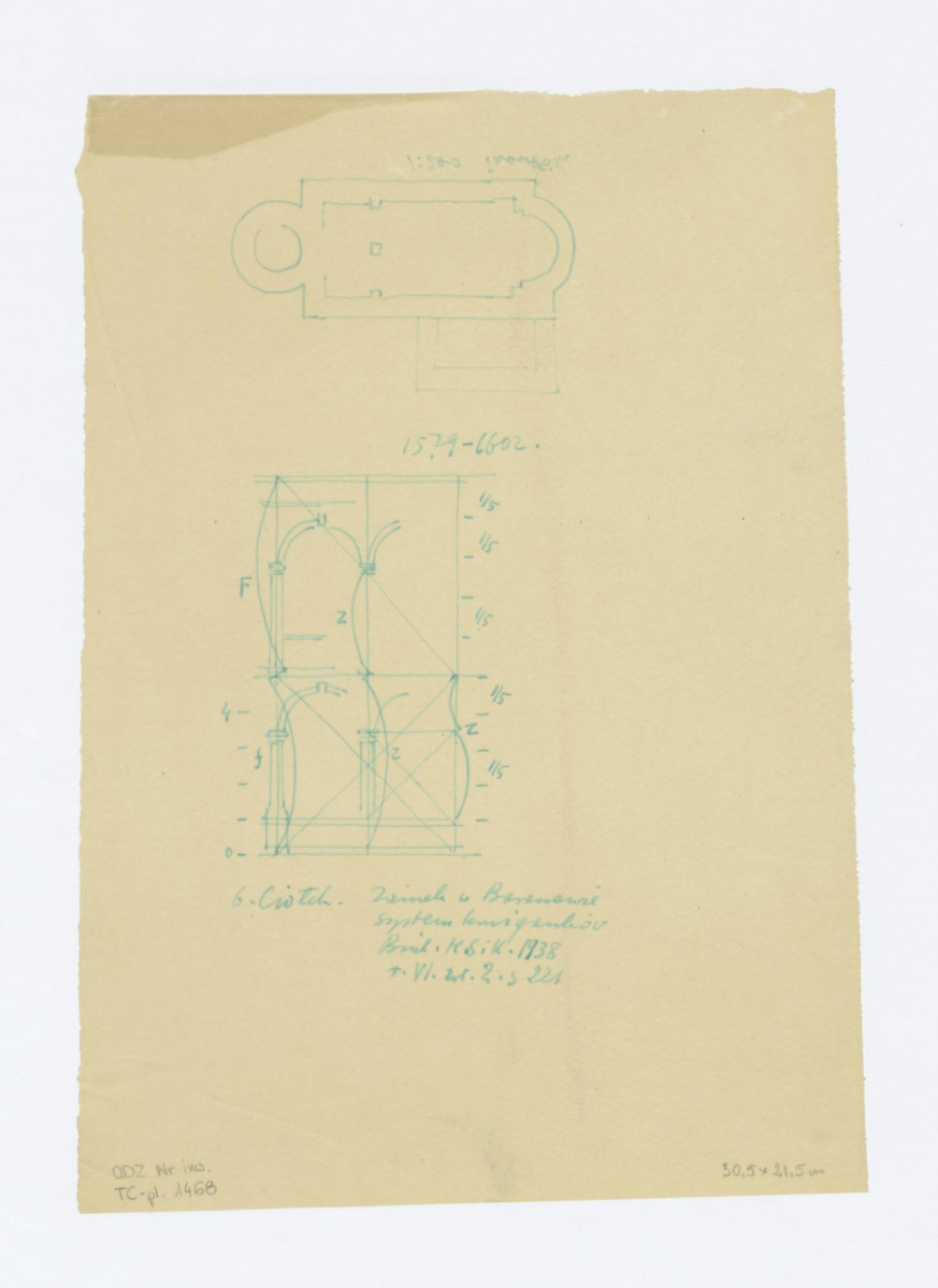 System krużganków, schematy podziałowe dwóch przęseł. Przerys z Gerard Ciołek, zamek w Baranowie, system krużganków, BHSiK, 1938 roku VI , nr 2, s. 221. Na odwrocie rzut kościoła w Inowłodzu, skala rzutu kościóła 1:200, skan 1