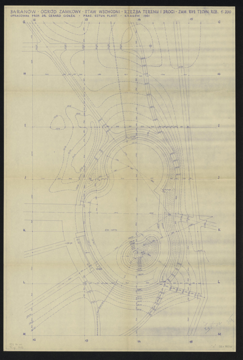 Baranów, ogród zamkowy, staw wschodni, rzeźba terenu i drogi, zamienny rys. techn. rob., 1:200, skan 1