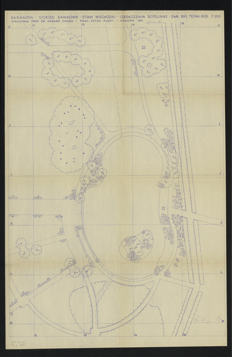 Baranów, ogród zamkowy, staw wschodn, obsadzenia roślinne, zam. rys. tech.-rob, 1:200, skan 1