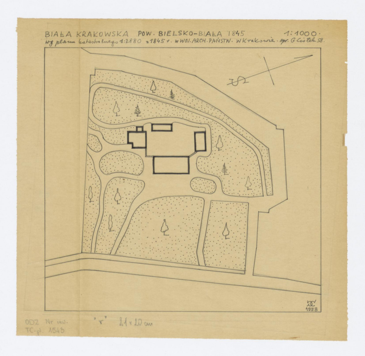 plan otoczenia pałacu z ogrodem, przerys z mapy z roku 1845 1:1000, skan 1