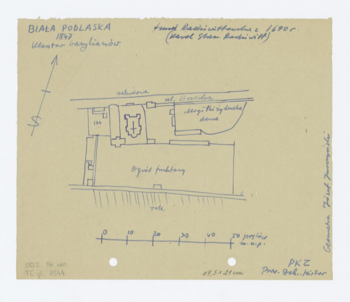 plan sytuacyjny klasztoru z ogrodem i zabudowaniami klasztornymi / według geometry Józefa Jurczyńskiego z 1847 roku - PKZ 8,7 cm. - 50 prętów m.n.p., skan 1