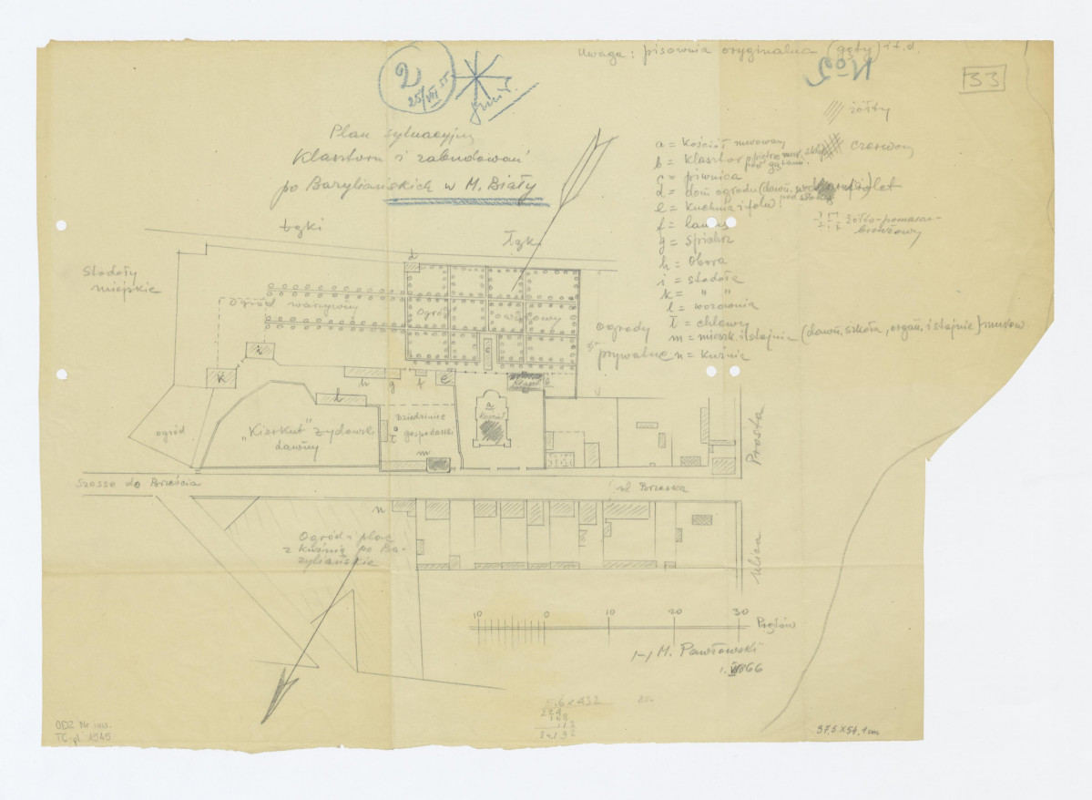 plan sytuacyjny klasztoru oraz ogrodów i zabudowań klasztornych  / według . Pawłowski 1866 roku. skala: 14 cm - 30 prętów, skan 1