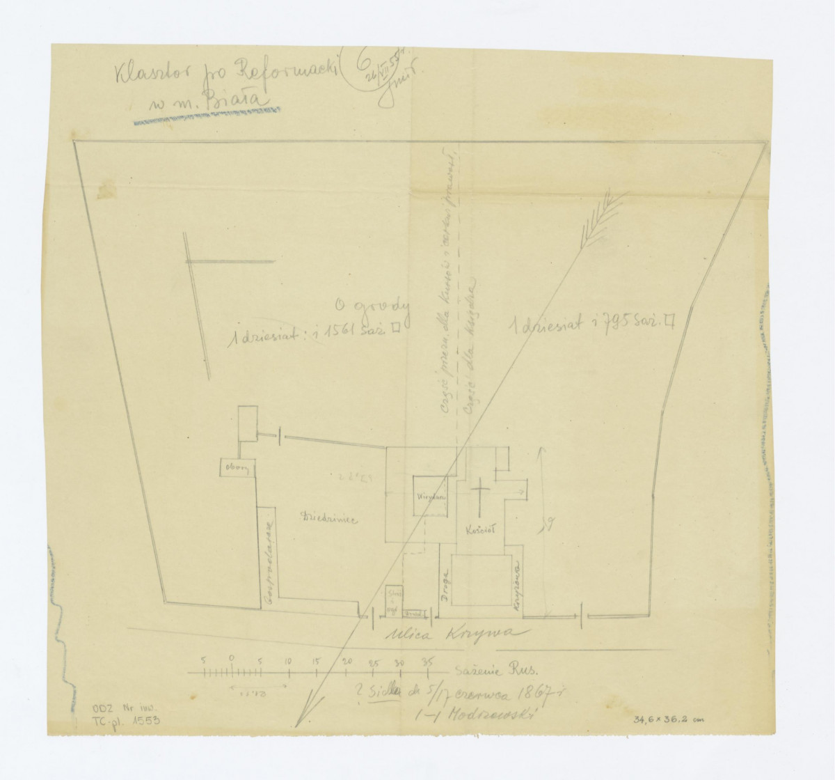 plan sytuacyjny klasztoru o.o. Reformatów z uwzględnieniem ogrodu przyklasztornego według opracowania /-/ Modrzewskiego z 5/17 czerwca 1867 roku skala: 9,9 cm. - 35 sążni rus., skan 1