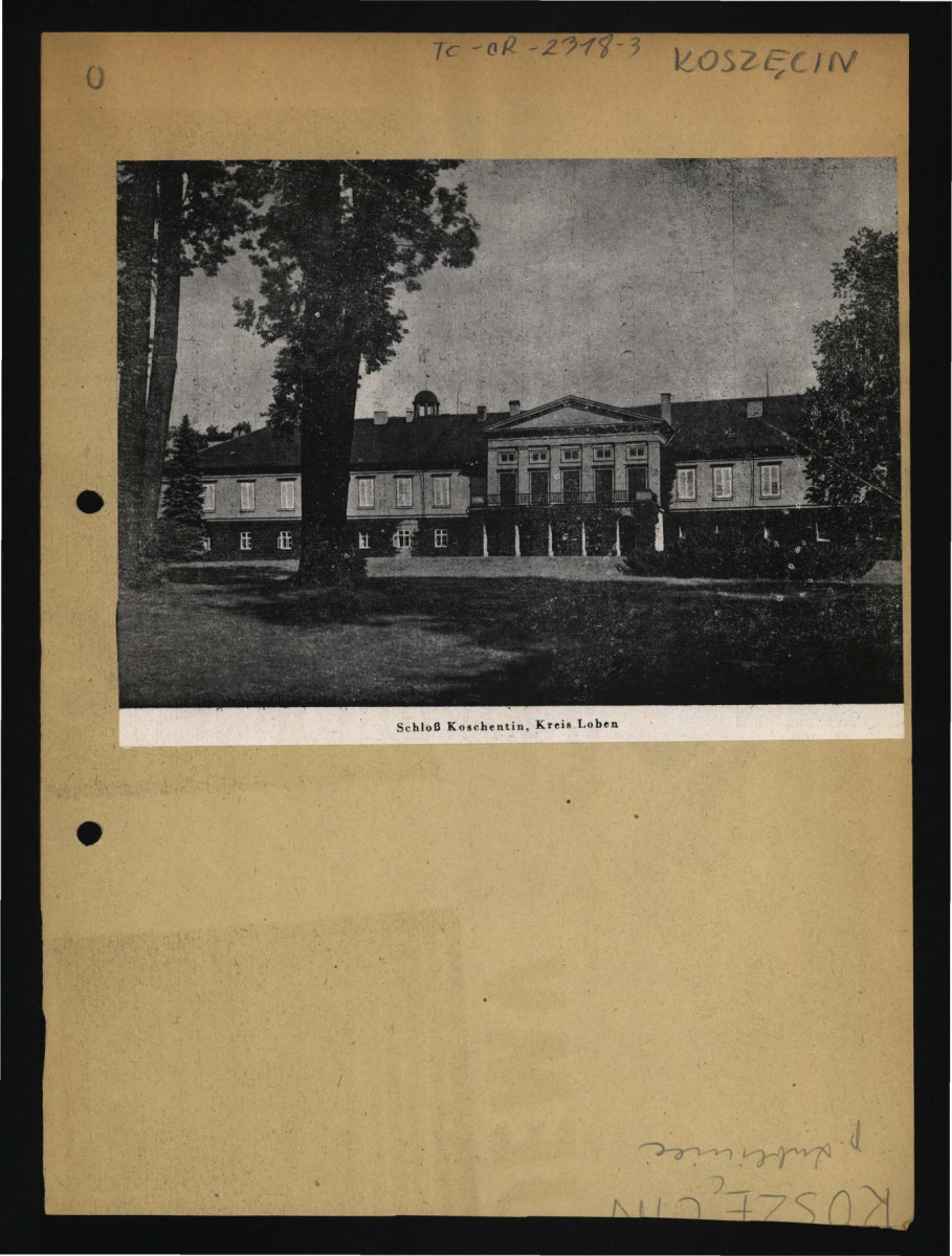 wycinek czarno-biały reprodukcji fotografii pochodzącej z niemieckojęzycznej publikacji lub prasy, a ukazującej elewację frontową pałacu                                                  , skan 1