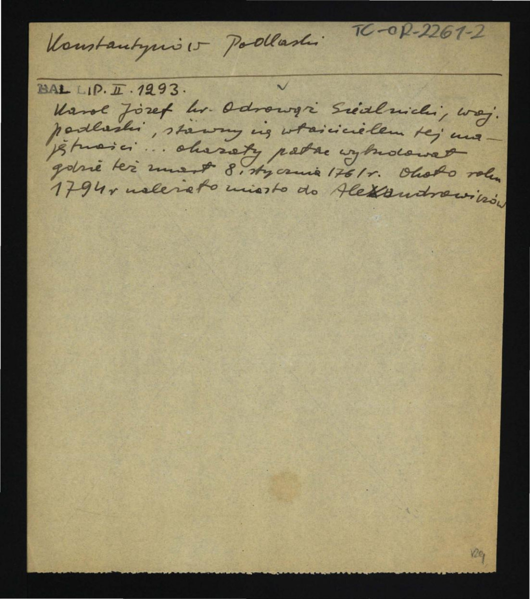 wypis z Baliński M., Lipiński T., Starożytna Polska pod względem historycznym, jeograficznym i statystycznym, t. II, Warszawa 1885, s. 1293 wzmiankujący Karola Józefa hr. Odrowąża  Siedleckiego, właściciela miejscowej posesji oraz parku , skan 1