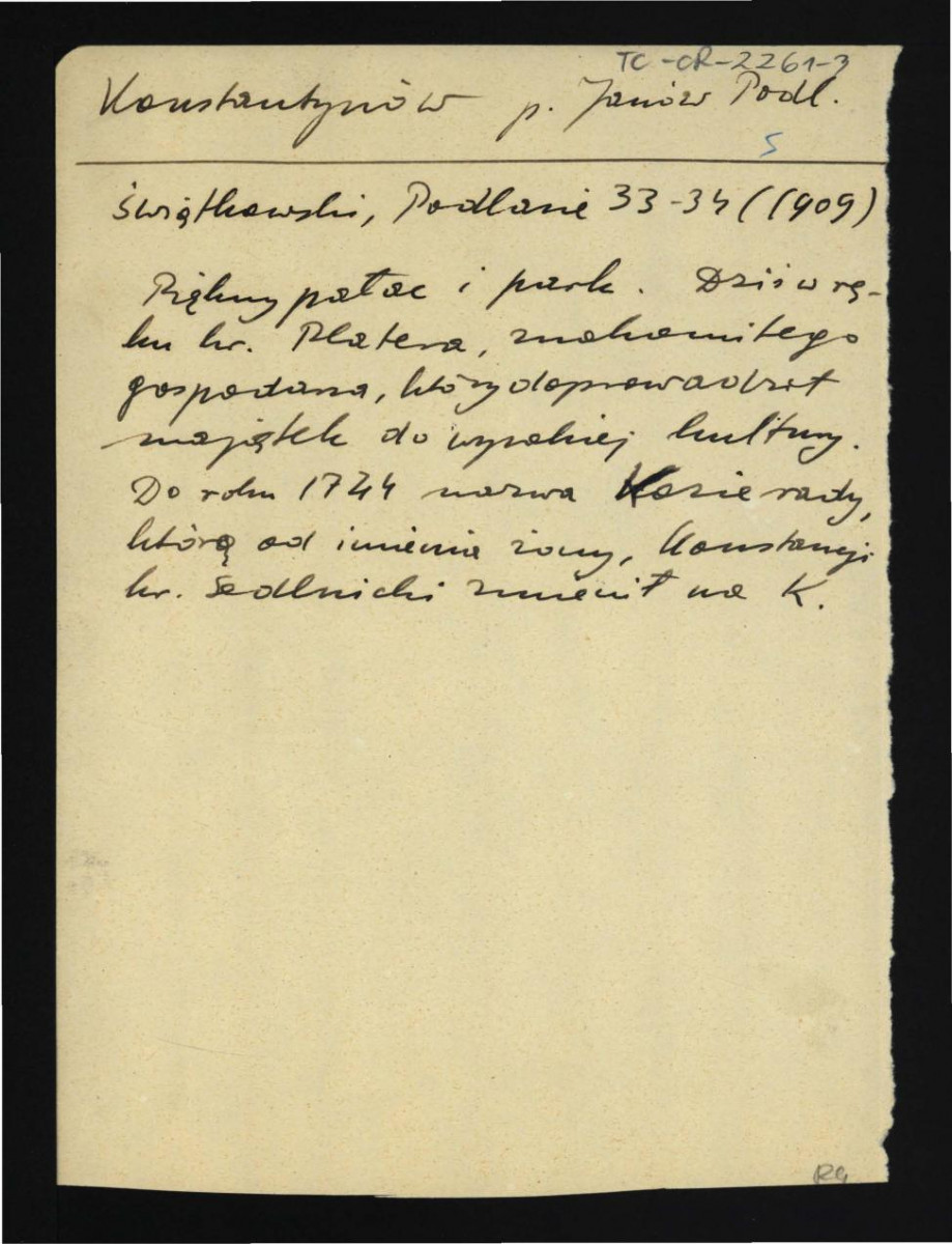 wypis z Świątkowski W., Podlasie. Piąta wycieczka po kraju, Warszawa 1929, s. 33-34 (1909) dotyczący pałacu i parku tej miejscowości , skan 1