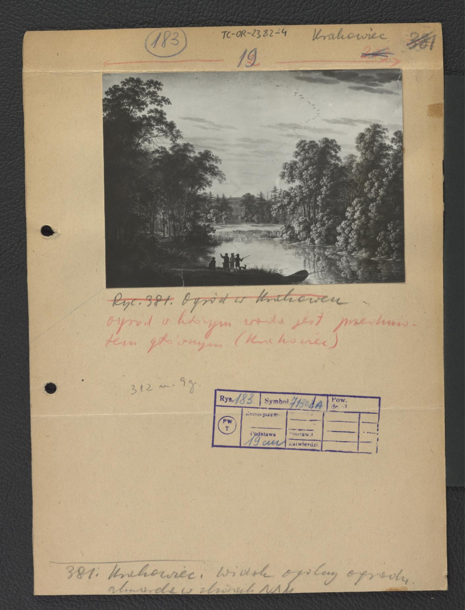 fotografia czarno-biała reprodukcji ryciny przedstawiającej staw w miejscowym parku                     , skan 1