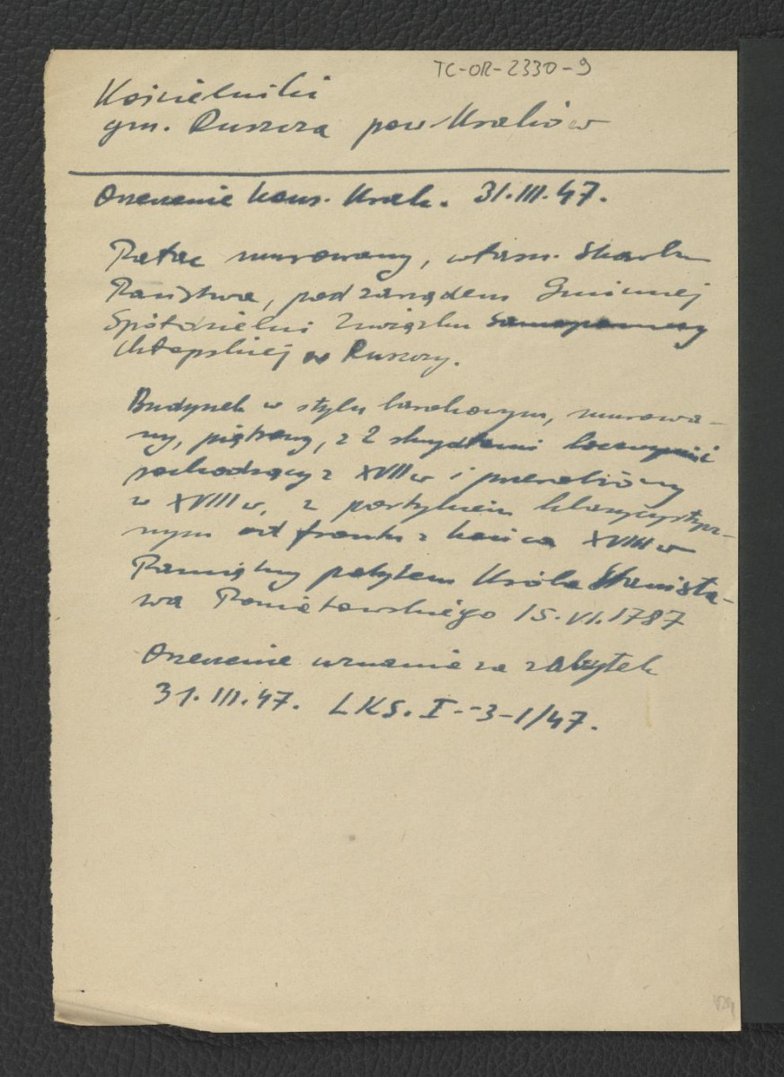 wypis z orzeczenia krakowskiego konserwatora zabytków z 31 marca 1947 r. o uznaniu zespołu pałacowego w tej miejscowości za zabytek, skan 1