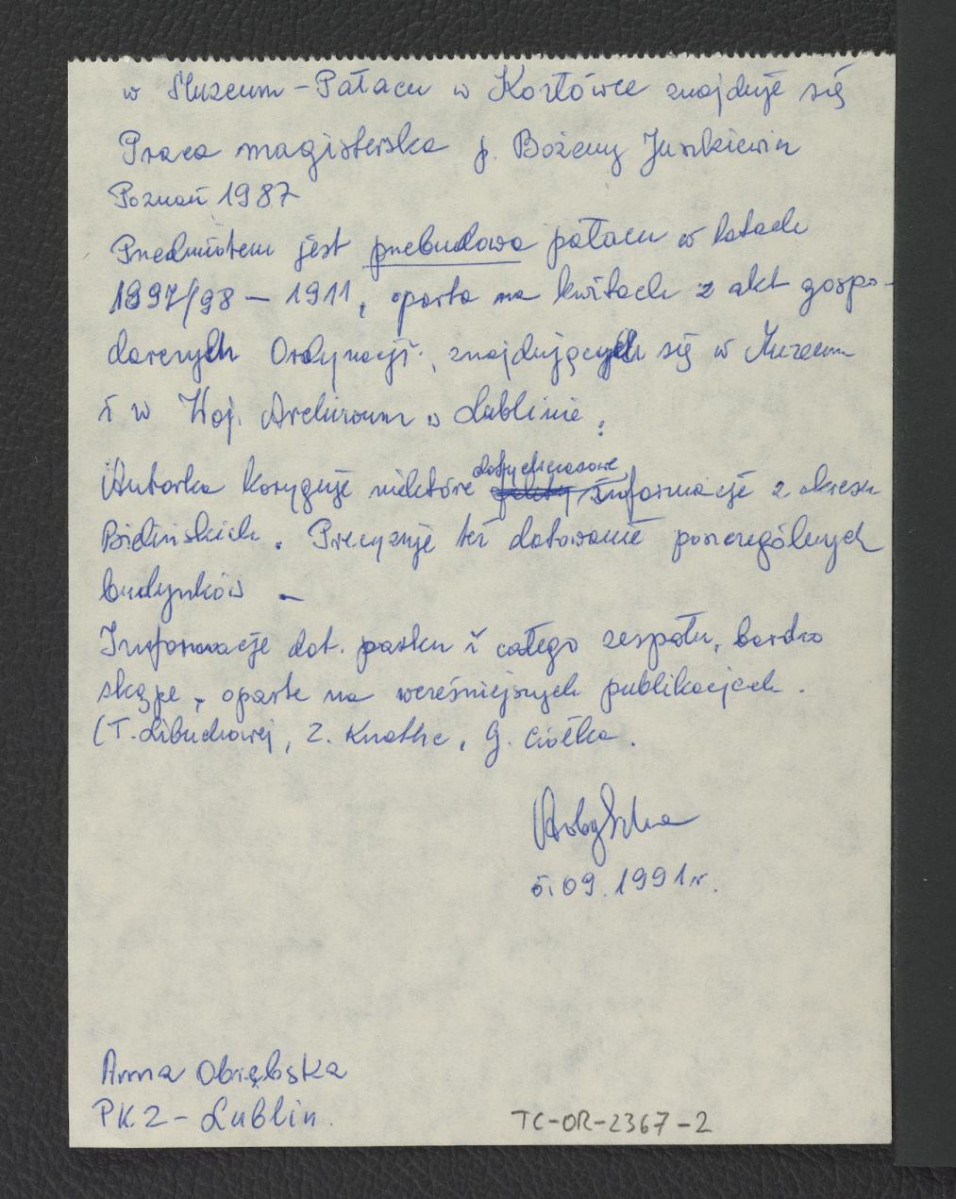 notatka na temat Kozłówki  z 05.09.1991, Anna Obrębska z Pracownia Konserwacji Zabytków - Lublin, skan 1
