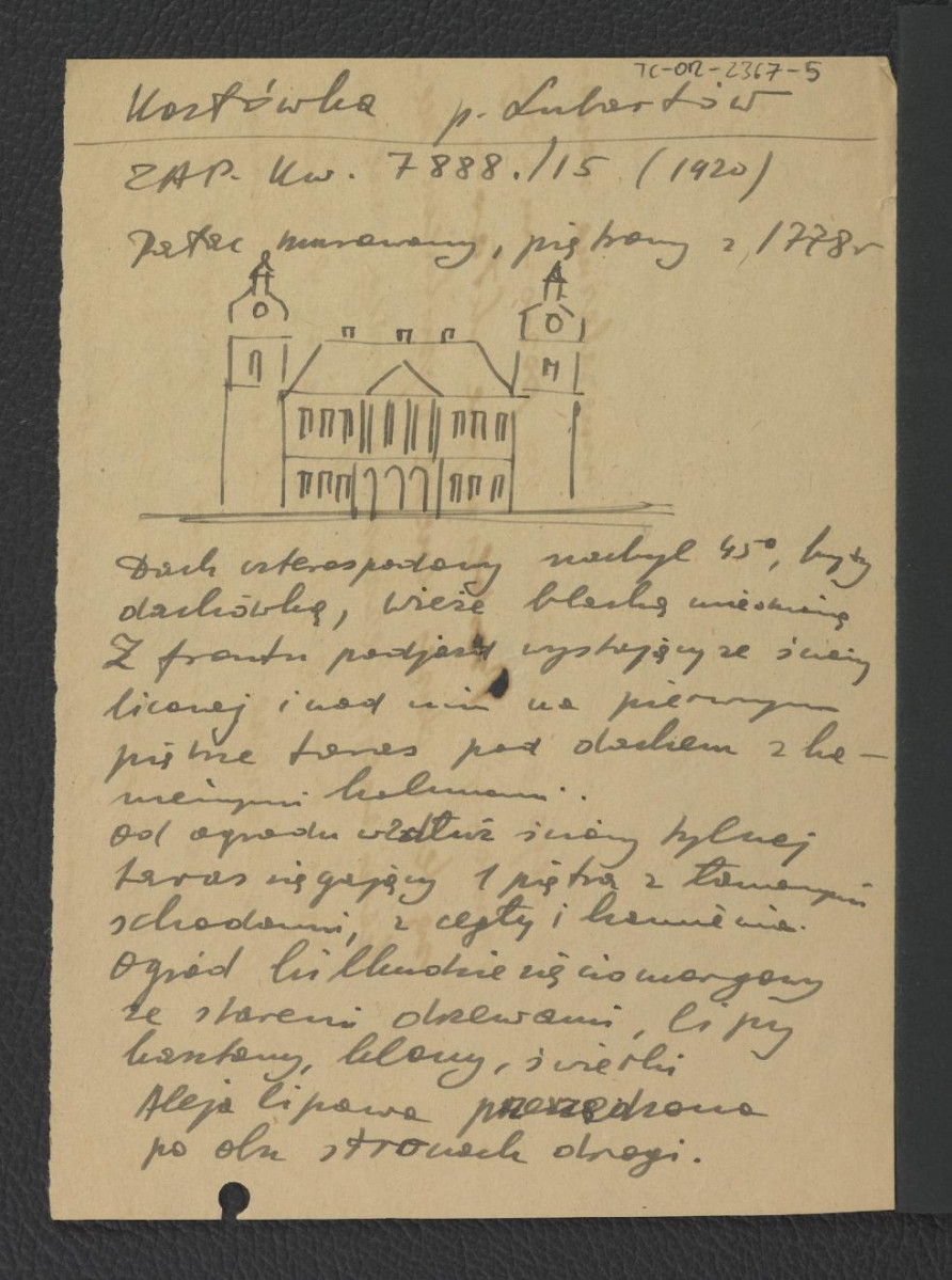 wypis z kwestionariusza Zakładu Architektury Polskiej 7888/15 (1920) dotyczący murowanego pałacu z 1778 r. , skan 1