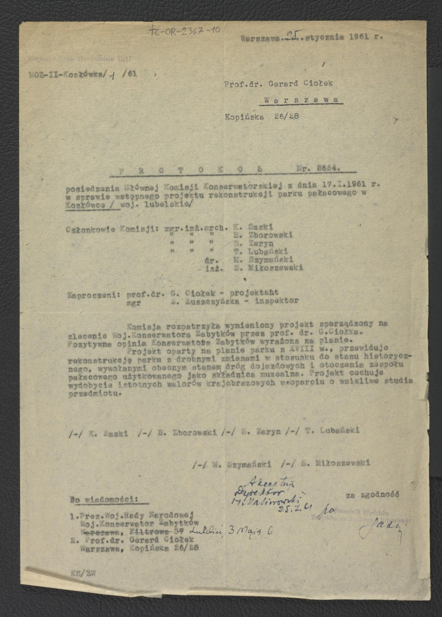 protokół z posiedzenia Głównej Komisji Konserwatorskiej z 17 stycznia 1961 r. dotyczący rekonstrukcji parku pałacowego w Kozłówce , skan 1