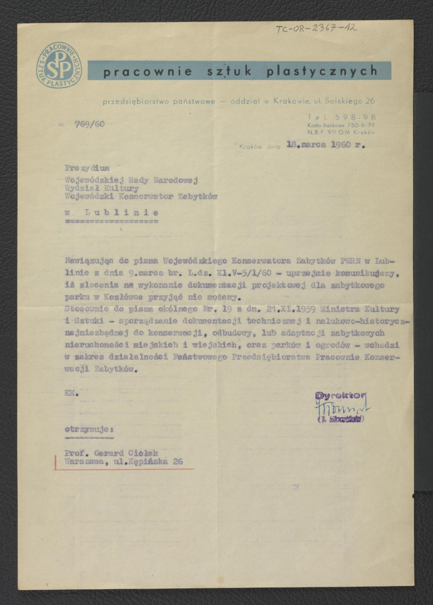 zawiadomienie o braku możliwości przyjęcia zlecenia na wykonanie dokumentacji projektowej dla zabytkowego parku w Kozłówce z 18 marca 1960 r. , skan 1