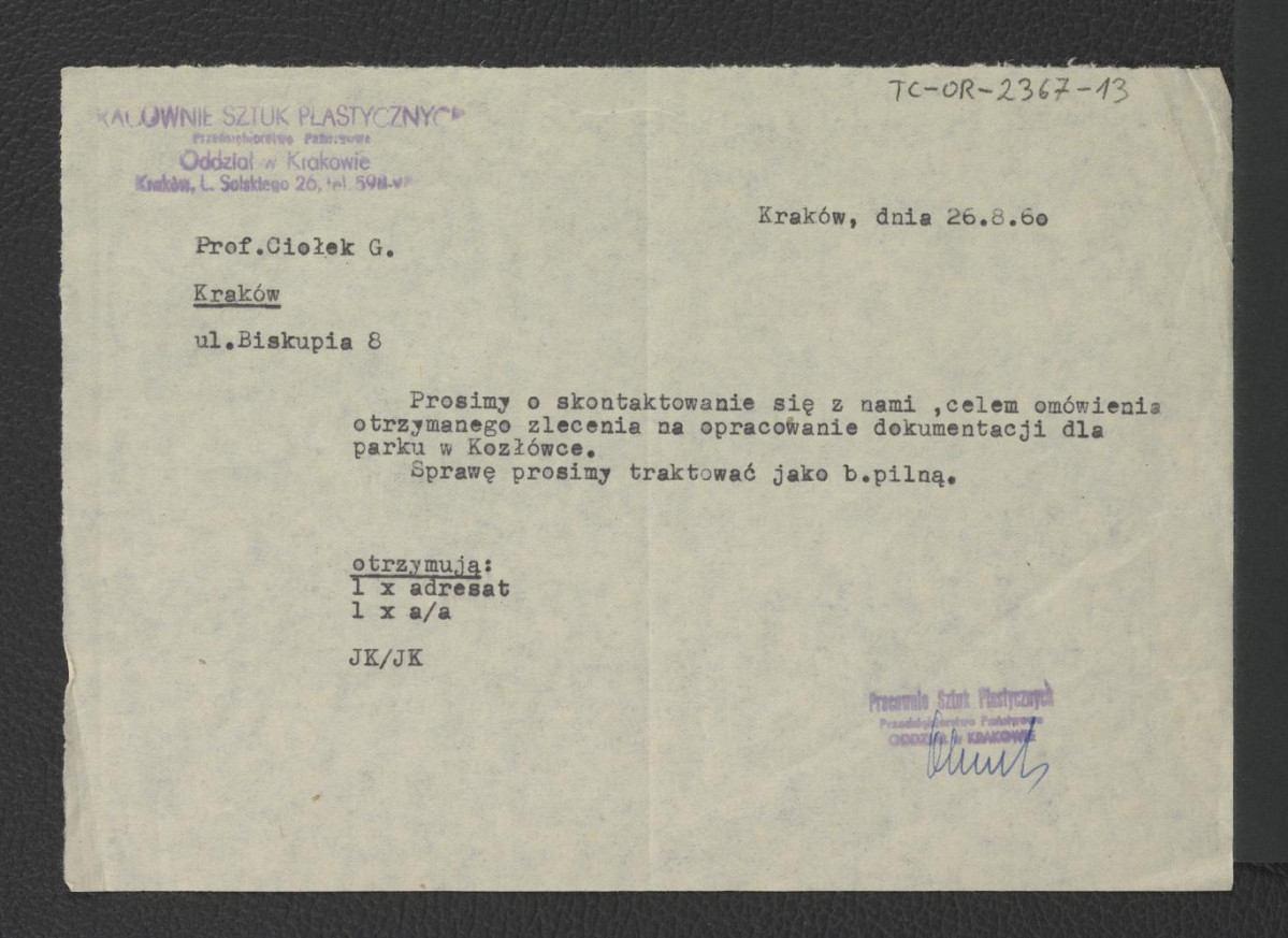 prośba o kontakt ze strony Pracowni Sztuk Plastycznych (Oddział w Krakowie) z 26 sierpnia 1960 r. w sprawie zlecenia opracowania dokumentacji dla parku w Kozłówce , skan 1