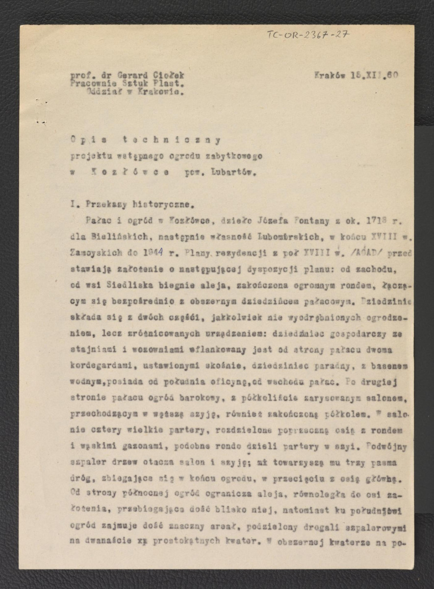 opis techniczny wstępnego projektu ogrodu zabytkowego w Kozłówce z 15 grudnia 1966 r. zawierający streszczenie przekazów historycznych, ogólną koncepcję projektu wstępnego, informacje o ukształtowaniu terenu, melioracji, drzewostanie oraz drogach; pięć kart, skan 1