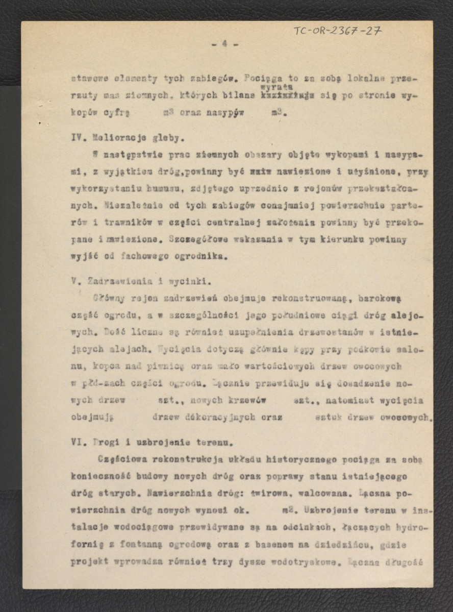 opis techniczny wstępnego projektu ogrodu zabytkowego w Kozłówce z 15 grudnia 1966 r. zawierający streszczenie przekazów historycznych, ogólną koncepcję projektu wstępnego, informacje o ukształtowaniu terenu, melioracji, drzewostanie oraz drogach; pięć kart, skan 4