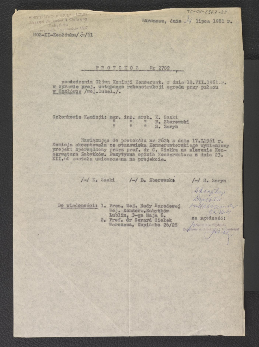 protokół  z posiedzenia głównej komisji konserwatorskiej z 18 sierpnia 1961 r. w sprawie wstępnego projektu rekonstrukcji ogrodu przy miejscowym pałacu , skan 1