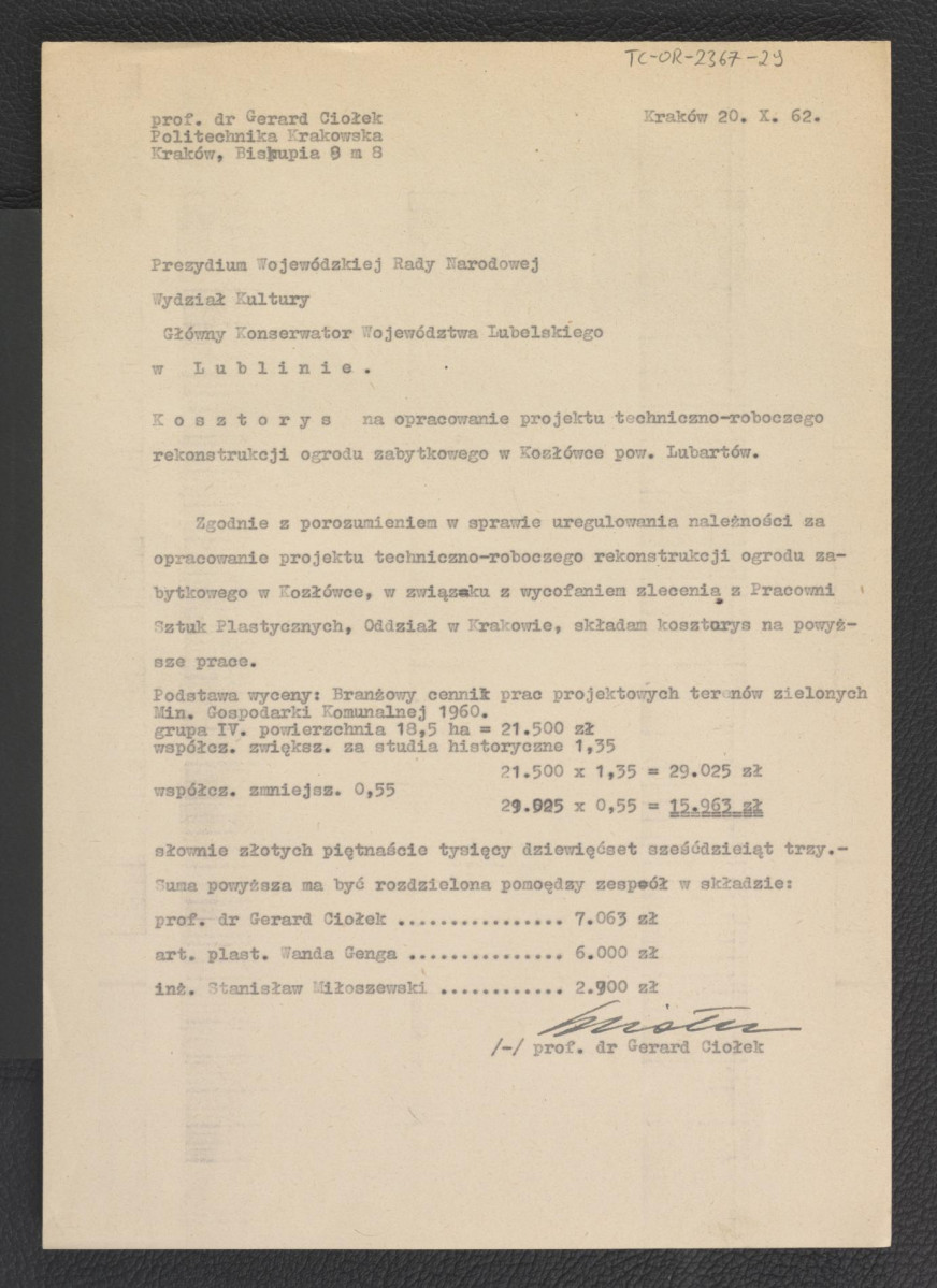 kosztorys z 20 października 1962 r. na oszacowanie projektu techniczno-roboczego rekonstrukcji miejscowego ogrodu , skan 1