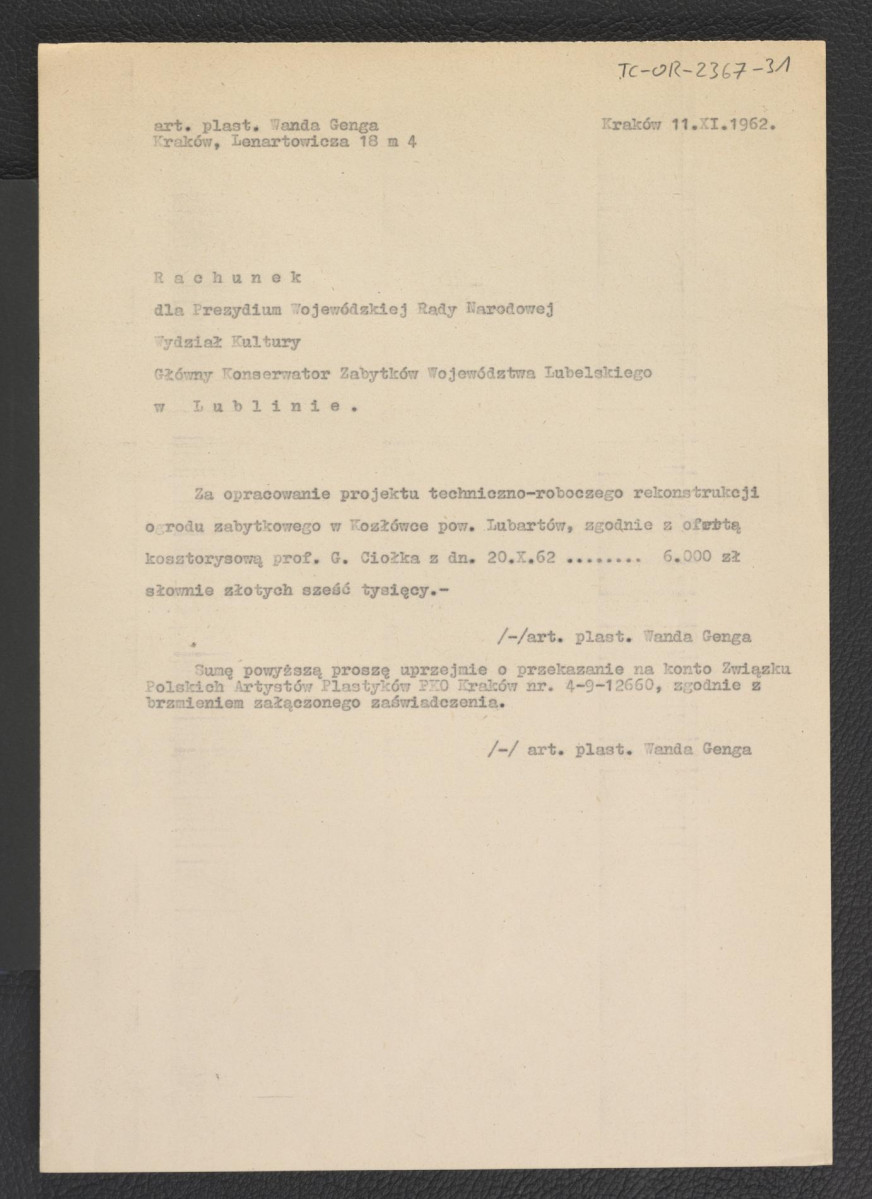 rachunek dla Głównego Konserwatora Zabytków Województwa Lubelskiego za opracowanie projektu techniczno-roboczego rekonstrukcji ogrodu tej miejscowości z 11 listopada 1962 r. sporządzony przez Wandę Genge , skan 1