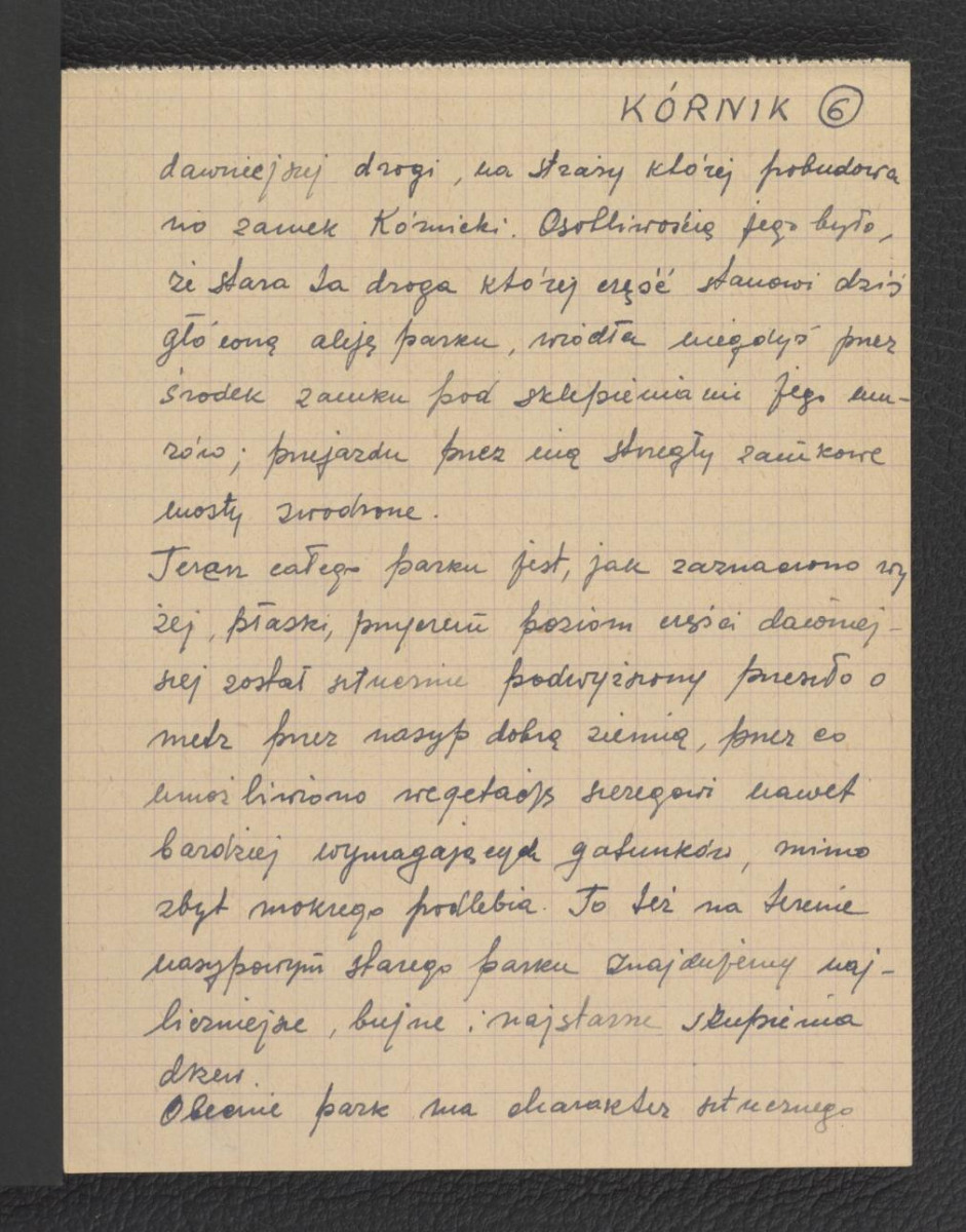 wypis z Stecki K., Kulesza W., Opis parku w Kórniku w: „Rocznik Polskiego Towarzystwa Dendrologicznego”, t. I, Lwów 1926 dotycząca dziejów tej miejscowości oraz zespołu pałacowego; dziesięć kart, skan 6