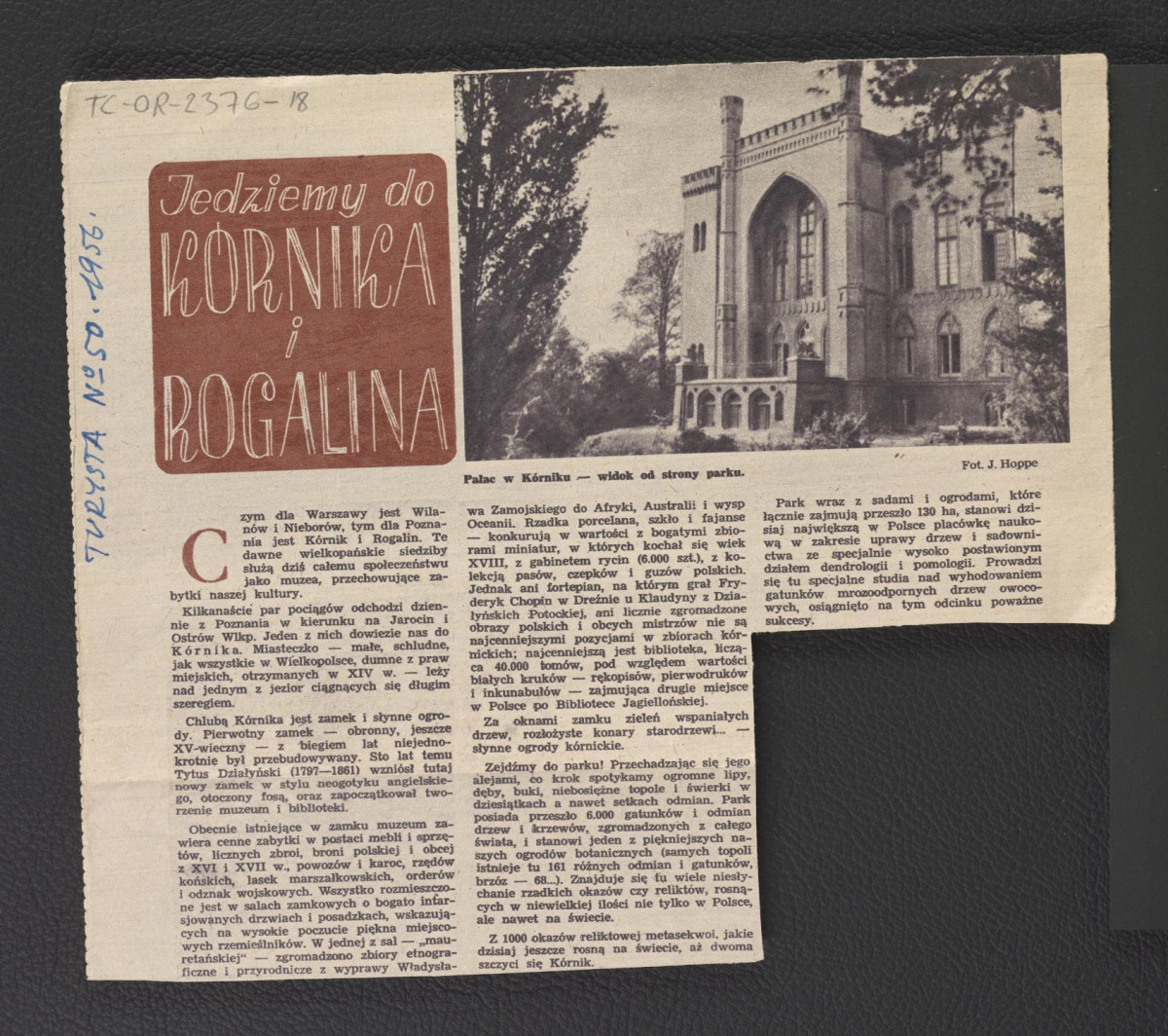 wycinek z „Turystyka” nr 50 (1956) artykułu pt. „Jedziemy do Kórnika i Rogalina” dotyczący dziejów tej miejscowości wraz z wskazaniem tamtejszych zabytków , skan 1