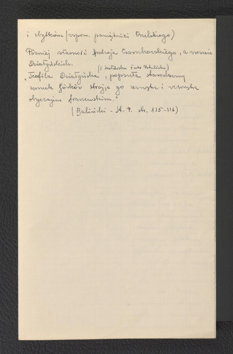 wypis z Jankowski E., Dzieje ogrodnictwa polskiego w zarysie, Warszawa 1923, s. 19, 130, 198 dotyczący drzewostanu w miejscowym parku oraz zamku; dwie karty, skan 3