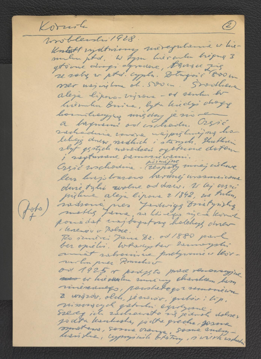 wypis z Wróblewski A., Projekt organizacji Instytutu Drzewoznawczego w Kórniku w: „Rocznik Polskiego Towarzystwa Dendrologicznego” nr 2 (1928), s. 166-171 dotyczący usytuowania miasteczka, dziejów zamku, właścicieli posesji oraz tamtejszego drzewostanu; trzy karty, skan 2