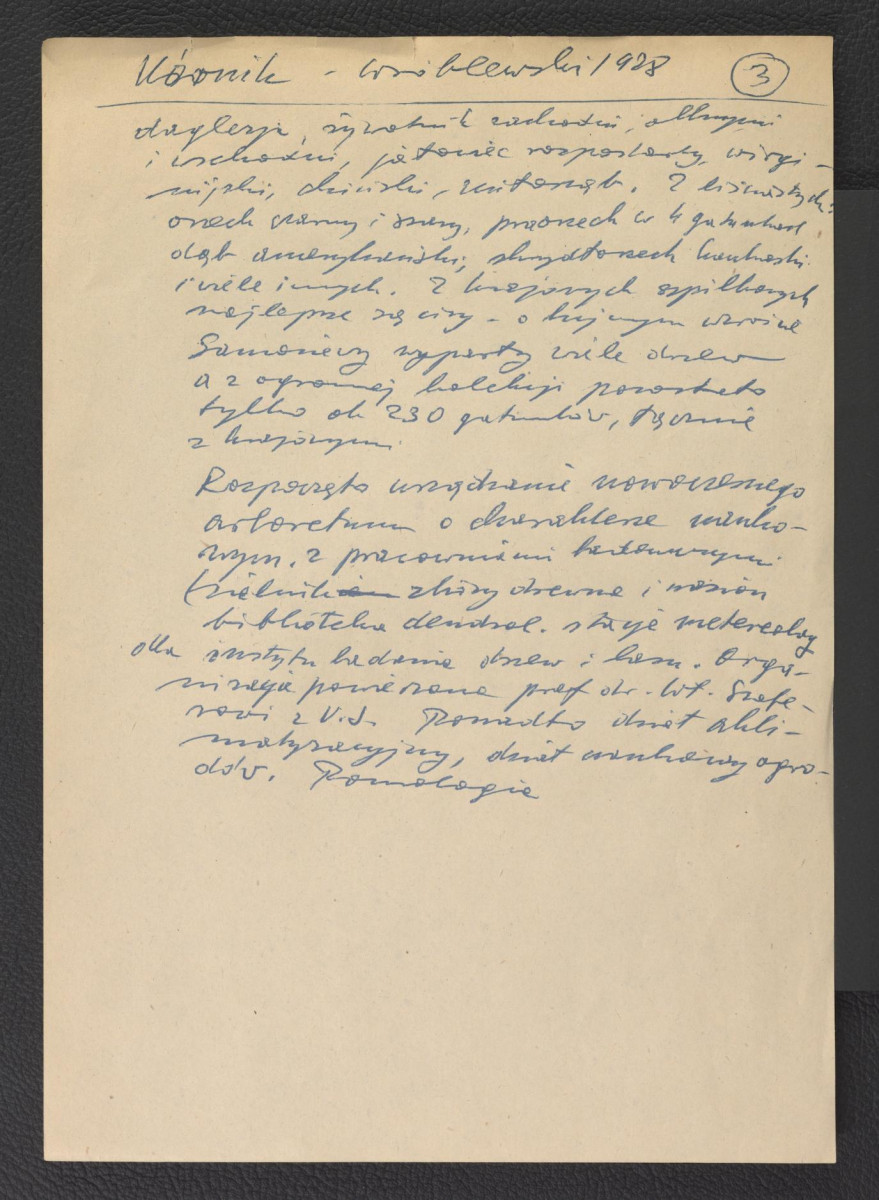 wypis z Wróblewski A., Projekt organizacji Instytutu Drzewoznawczego w Kórniku w: „Rocznik Polskiego Towarzystwa Dendrologicznego” nr 2 (1928), s. 166-171 dotyczący usytuowania miasteczka, dziejów zamku, właścicieli posesji oraz tamtejszego drzewostanu; trzy karty, skan 3