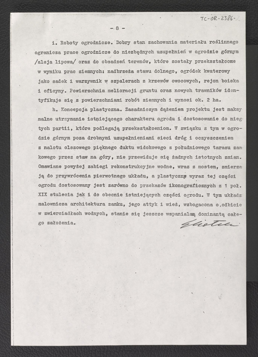 projekt wstępny renowacji zespołu zamkowo-parkowego; plan orientacyjny (1 : 1000); pomiar sytuacyjno-wysokościowy (1 : 1500); projekt koncepcyjny (1 : 500); przekroje widokowe (1 : 500); zabudowa, drogi, uzbrojenie terenu (1 : 500); ukształtowanie terenu  (1 : 500); wykopy i nasypy (1 : 500); melioracje, dosadzanie drzew i krzewów; trawniki (1 : 500); zbiorcze zestawienie kosztów; dziewięć kart , skan 9