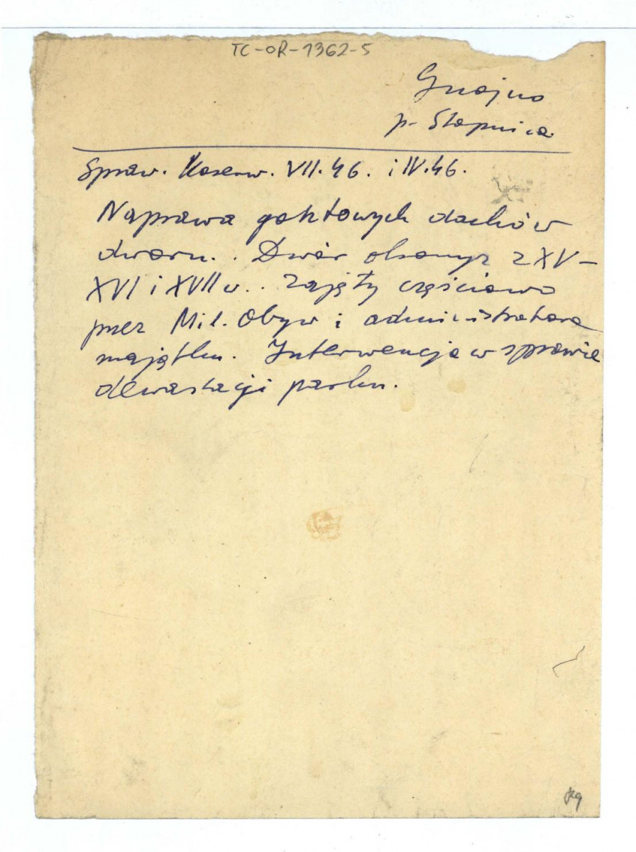 wypis ze Sprawzdania Wojewódzkiego Konserwatora Zabytków w Krakowie z kwietnia i lipca 1946 r. dotycząca renowacji miejscowego dworu , skan 1
