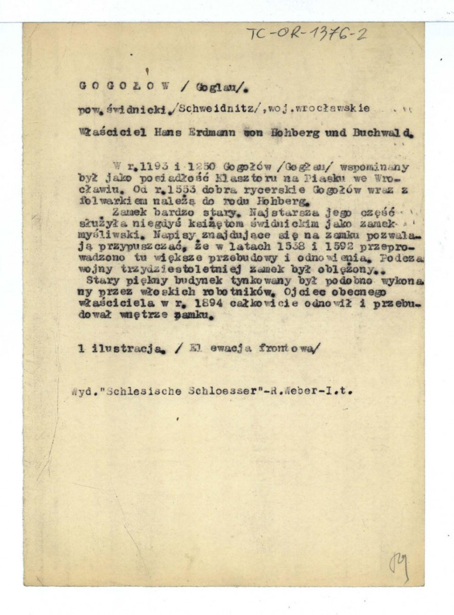 wypis z Weber R., Schlesische Schloesser, t. I, Drezno-Wrocław 1909 dotycząca miejscowego zamku i jego dziejów , skan 1
