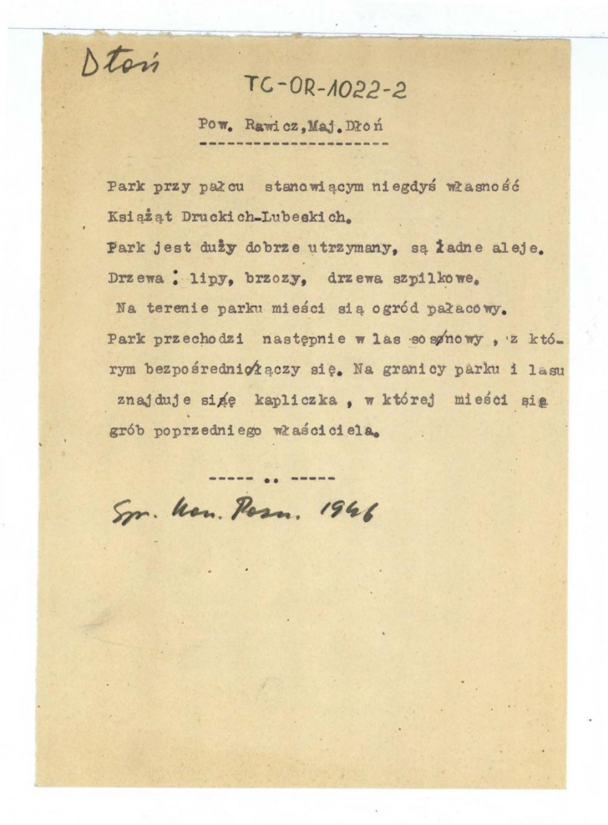 opis parku należącego niegdyś do Druckich-Lubeckich (z roku 1946); dwie karty, skan 1